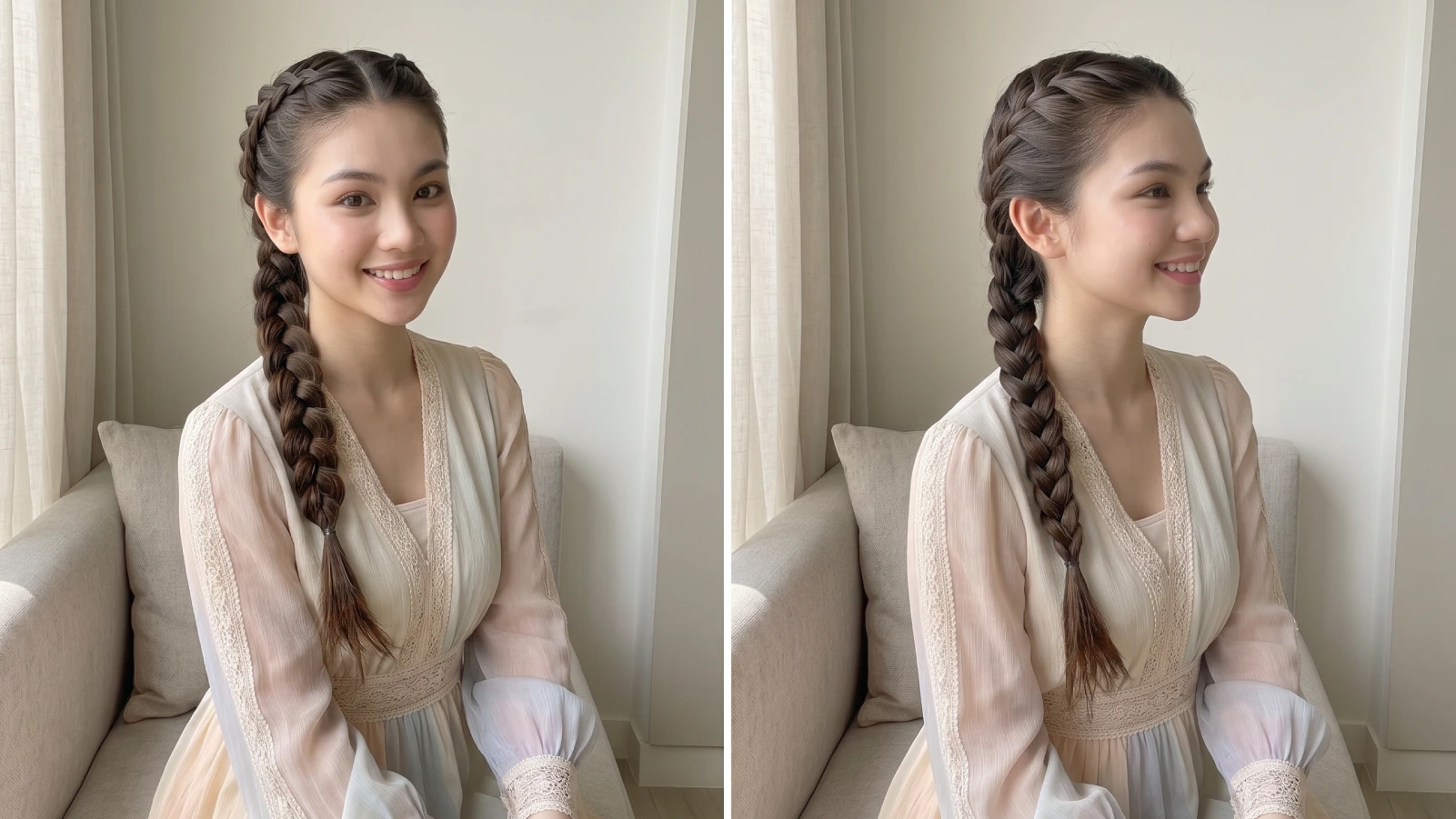 Side-by-side comparison of a raised Dutch braid and a flat French braid, showing the difference in texture and height between the two styles