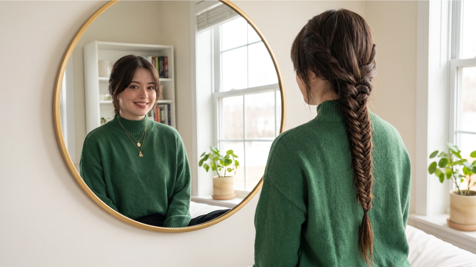 Young woman standing with her back to a round gold-framed mirror showing a full fishtail braid pattern from root to tip, demonstrating how the braid looks on straight dark hair