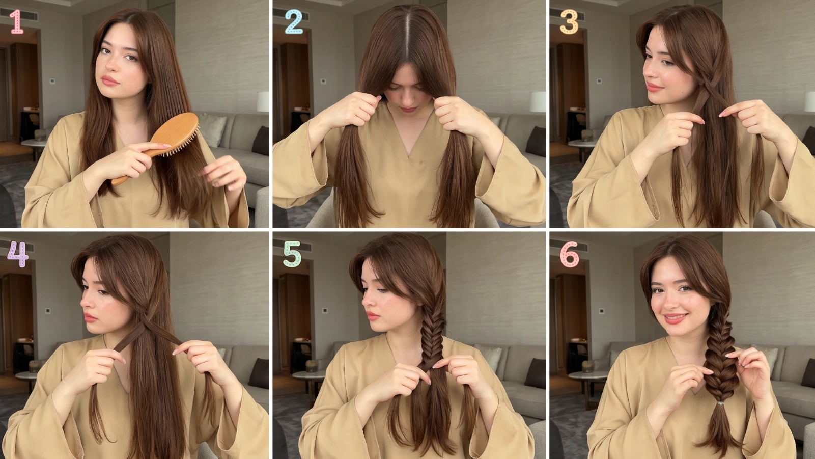 Six-panel step-by-step tutorial showing how to do a fishtail braid, from brushing and dividing hair into two sections to crossing strands and finishing the woven braid