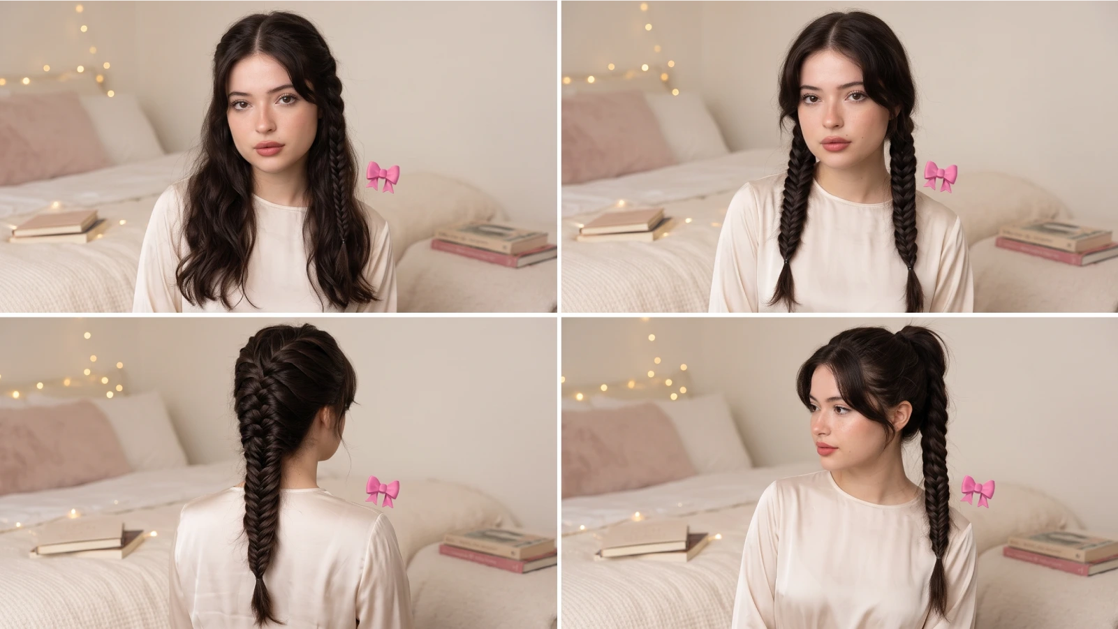 Four-panel image showing different fishtail braid variations including a side fishtail, double fishtail braids, a back-view full fishtail, and a single fishtail ponytail on dark hair