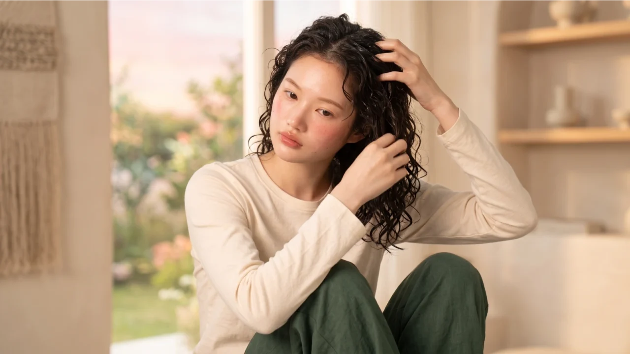 A young woman with wet curly hair running her fingers through her hair during her curly hair care routine