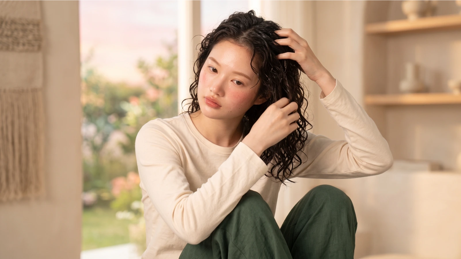 A young woman with wet curly hair running her fingers through her hair during her curly hair care routine