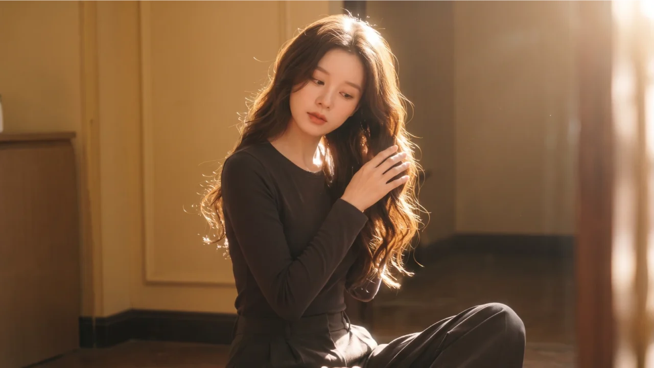 A young woman with long natural wavy hair sitting indoors in warm sunlight, gently touching her soft wavy hair with one hand