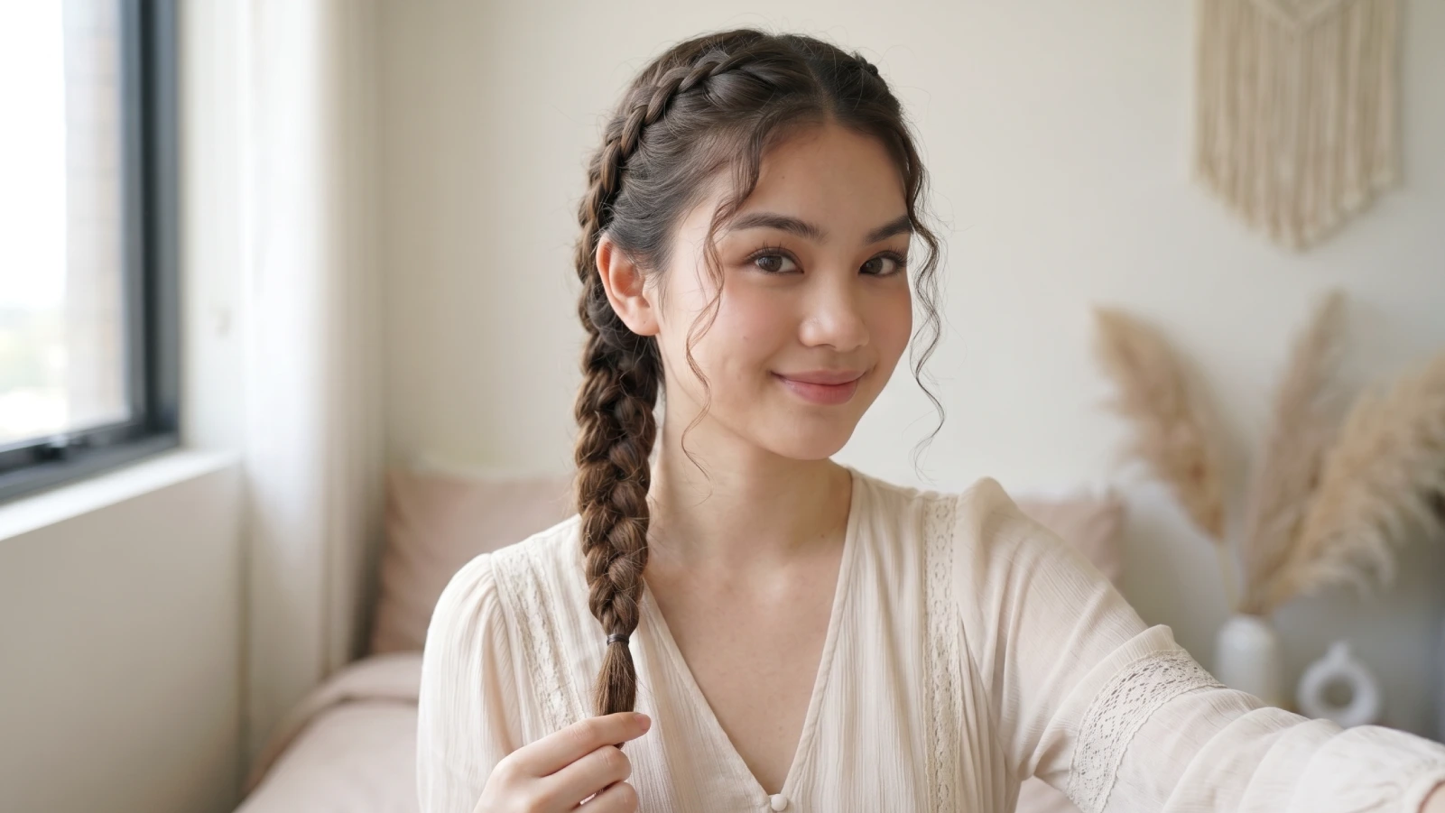 Woman smiling and holding the end of her Dutch braid, showing a neat, long-lasting braid finish