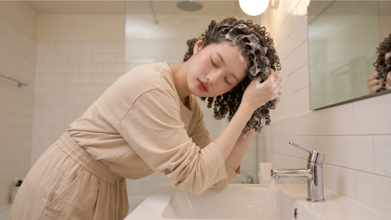 A young woman with curly hair leaning over a bathroom sink, gently massaging shampoo into her scalp