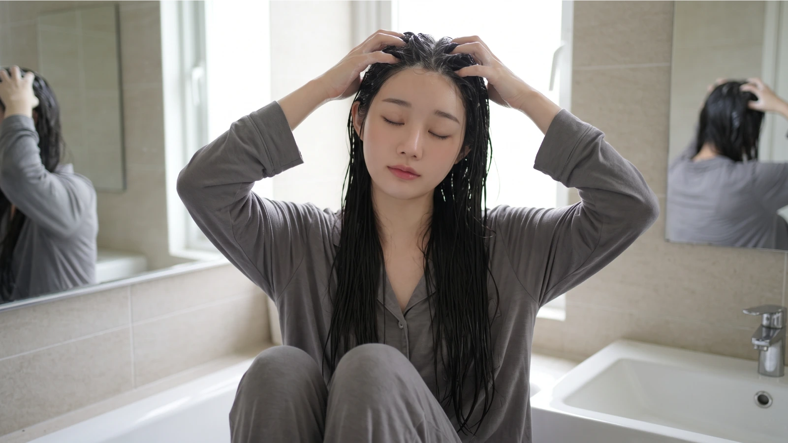 Young woman with wet straight hair massaging shampoo into her scalp only, demonstrating the correct washing technique for straight hair