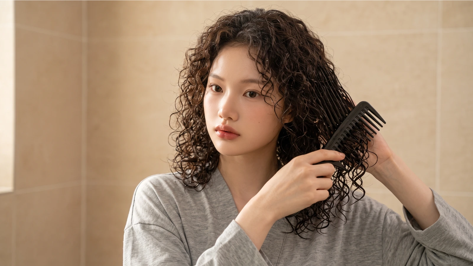 A young woman with wet curly hair using a wide-tooth comb to carefully detangle her curls section by section
