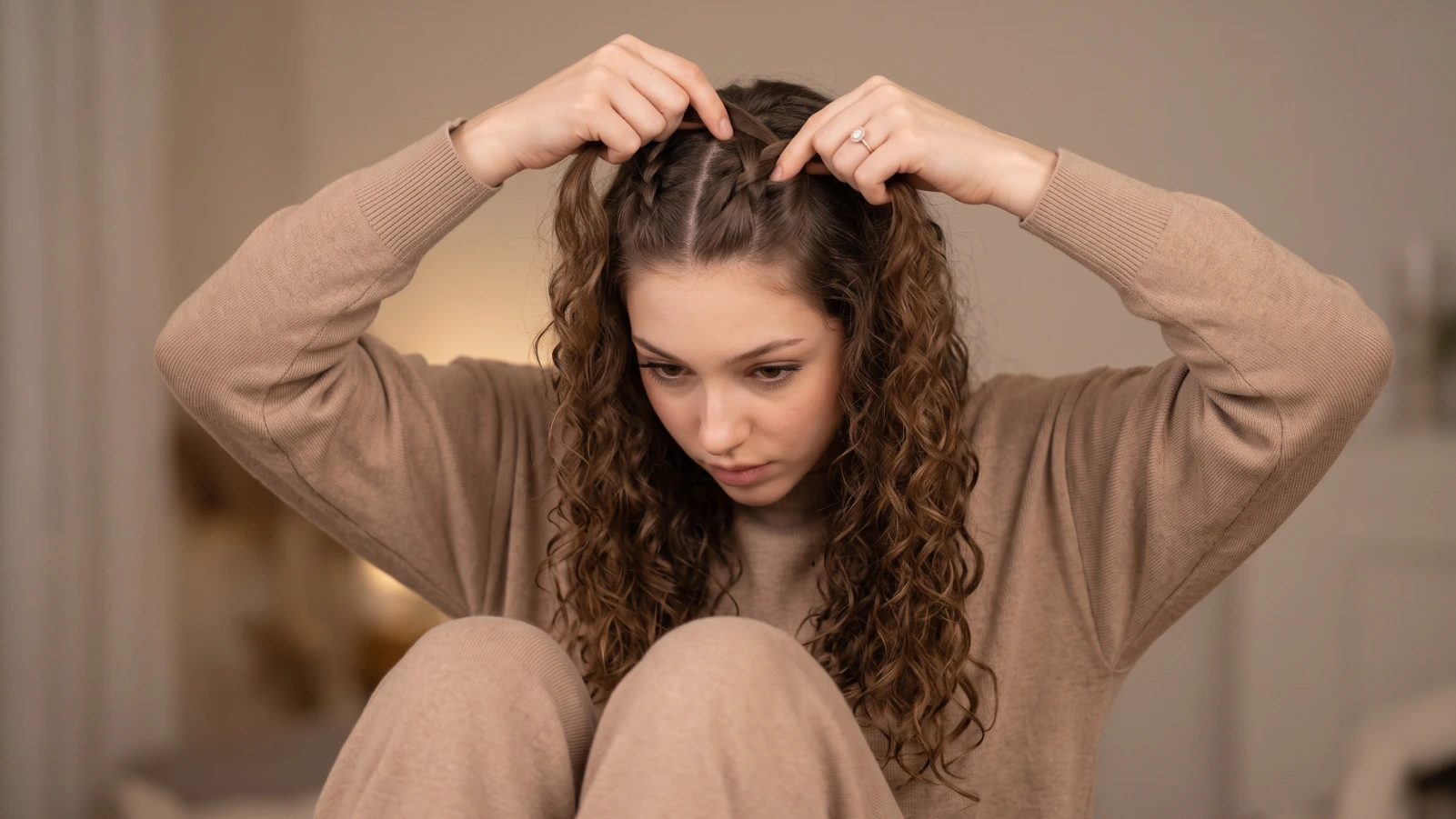 Close-up of a woman Dutch braiding her own curly hair at the crown, demonstrating the technique step by step
