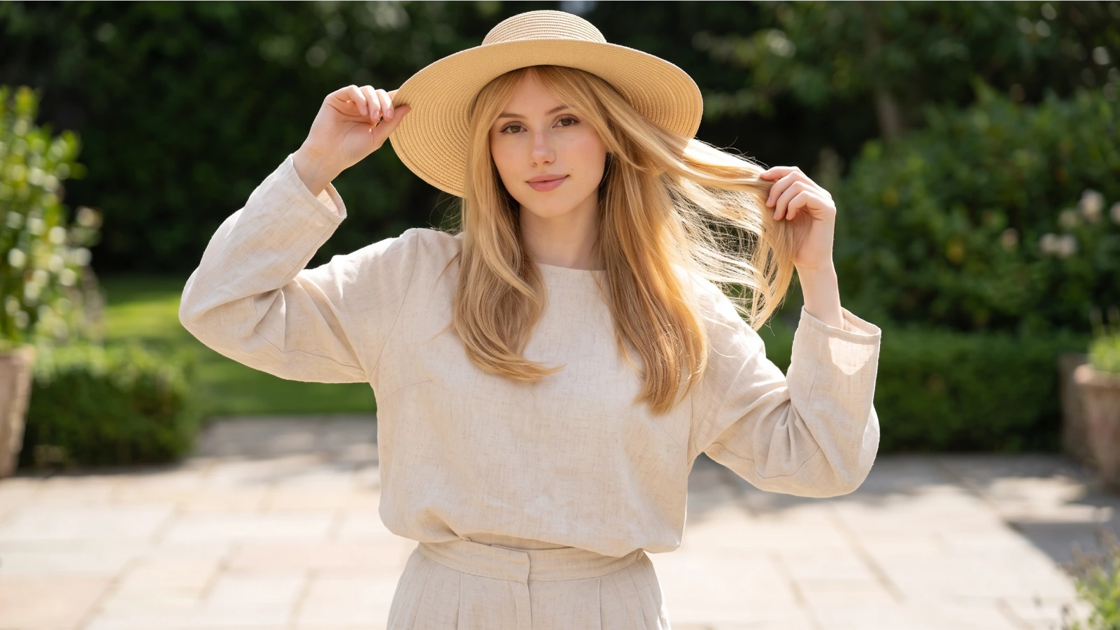 A young woman with golden blonde colored hair standing outdoors wearing a wide-brimmed hat to shield her hair from UV rays and prevent color fading