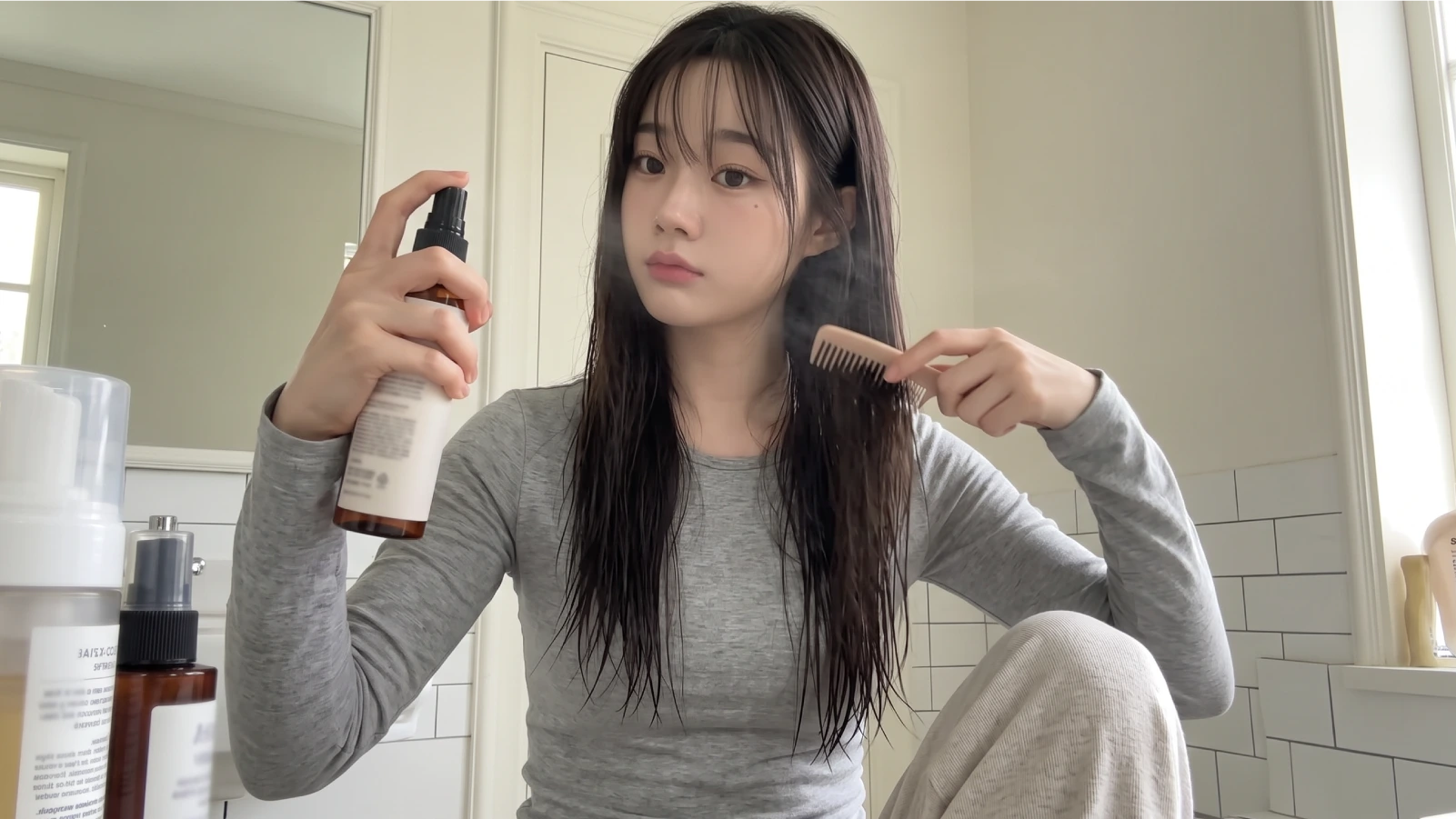 Young woman spraying heat protectant on her damp straight hair while combing through the mid-lengths and ends before blow drying