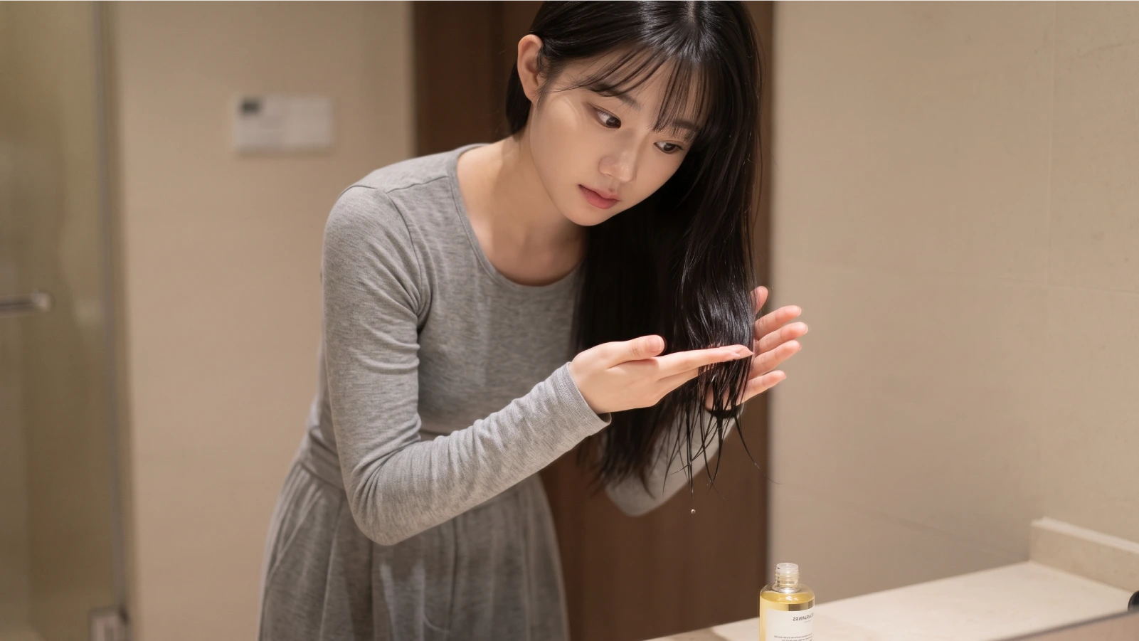 Young woman carefully applying a small amount of hair oil to just the ends of her straight hair, keeping product away from the roots to avoid weighing hair down