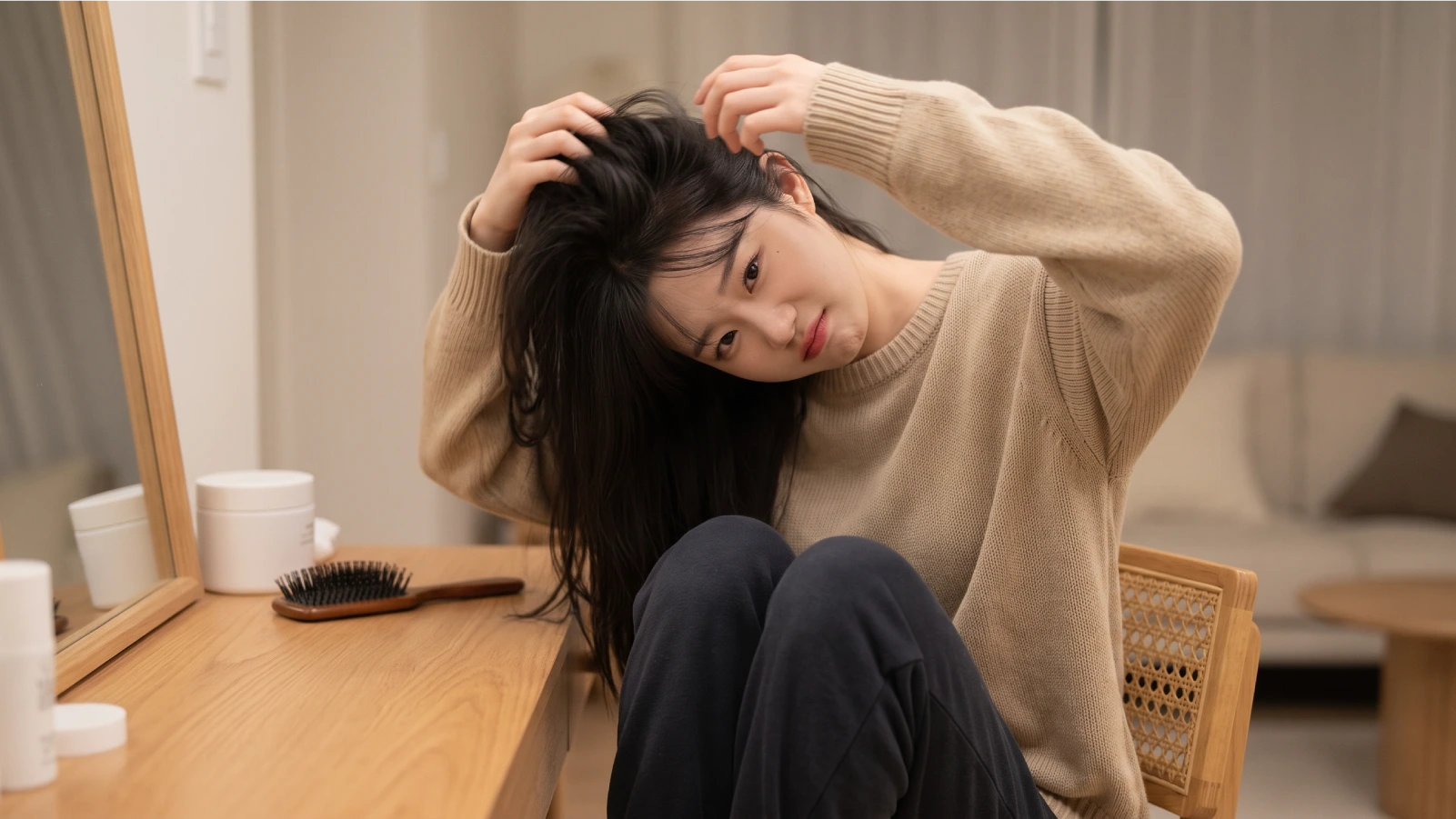 Young woman sitting at a vanity mirror running her fingers through her roots, illustrating how straight hair gets oily and flat at the scalp quickly