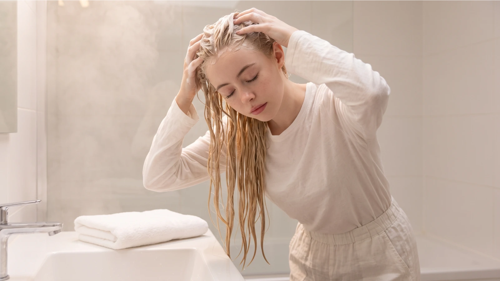 Young woman leaning over a sink massaging shampoo into her scalp only, demonstrating the correct gentle washing technique for bleached hair