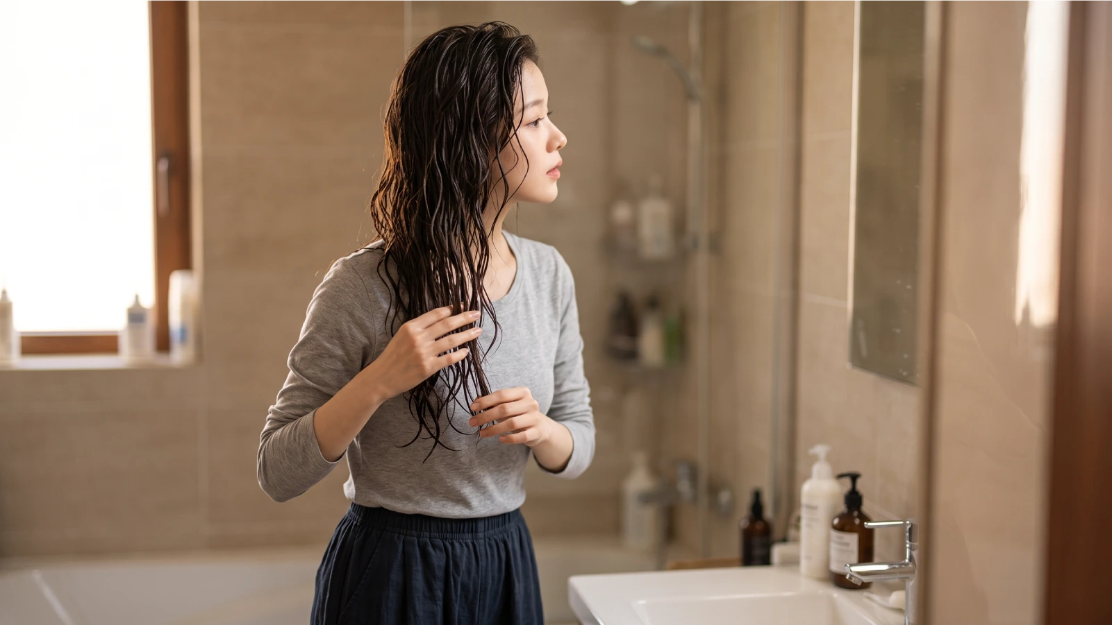 A young woman with wet wavy hair standing in a bathroom, running her fingers through her damp mid-lengths and ends to detangle while looking in the mirror