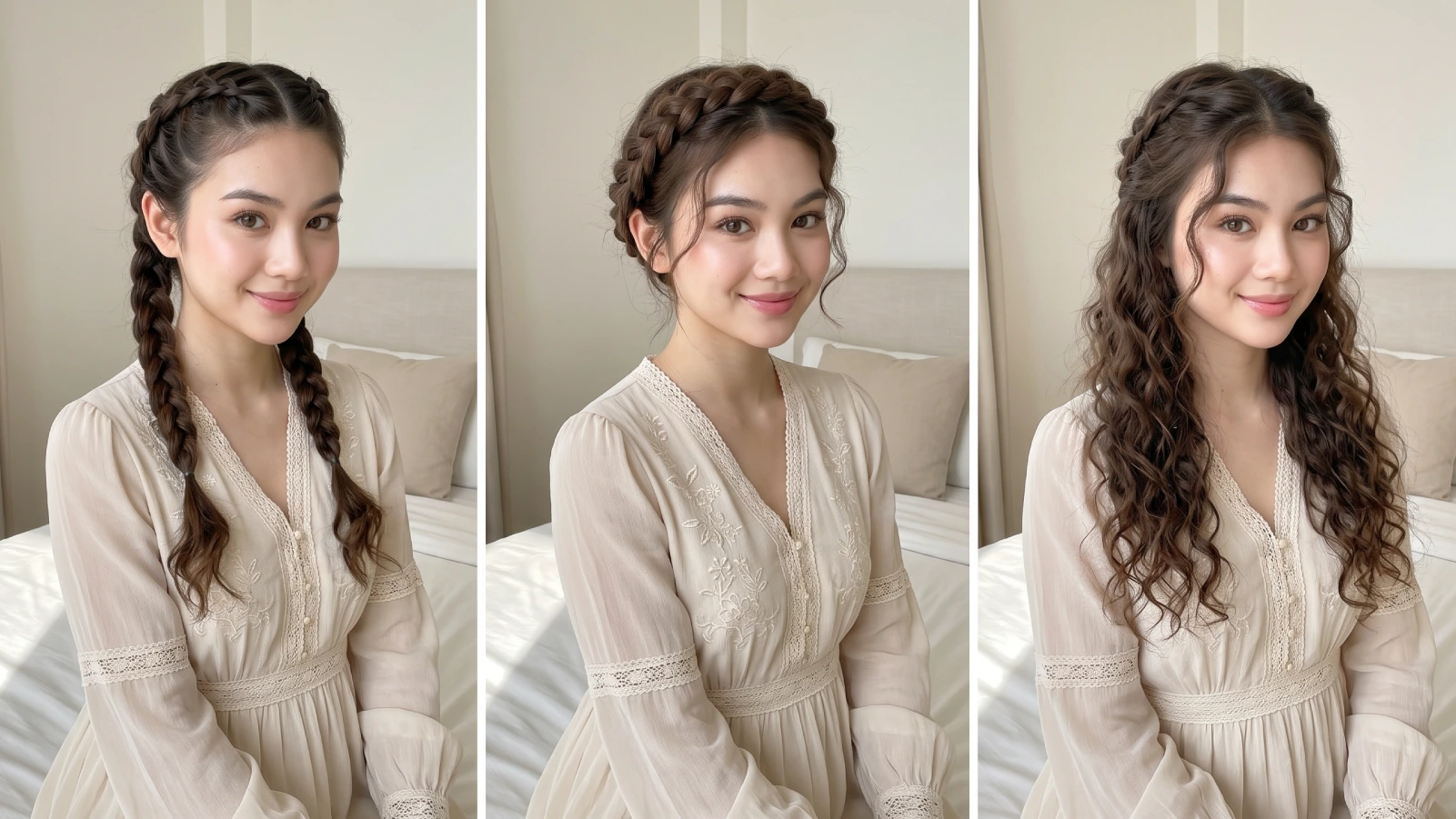 Three ways to wear a Dutch braid shown side by side — double braids, crown braid, and half-up style