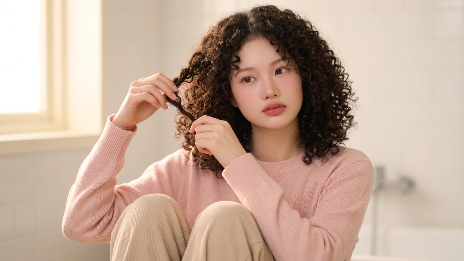 A young woman with defined curly hair examining a single curl strand to inspect its texture and moisture level
