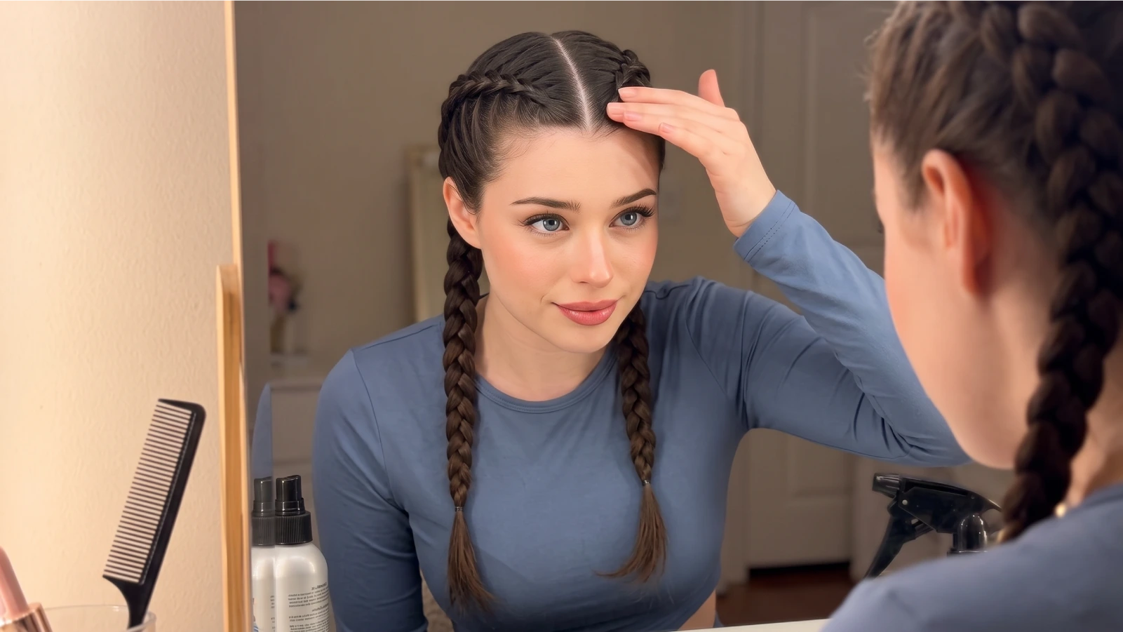 Woman smoothing her front hairline in the mirror to keep boxer braids from slipping on fine hair