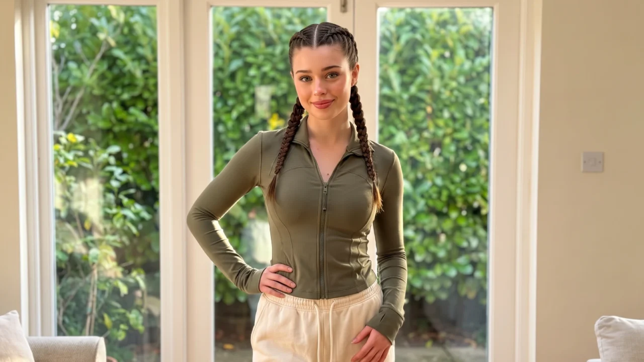Woman in athletic wear with two Dutch boxer braids running from her hairline to the nape