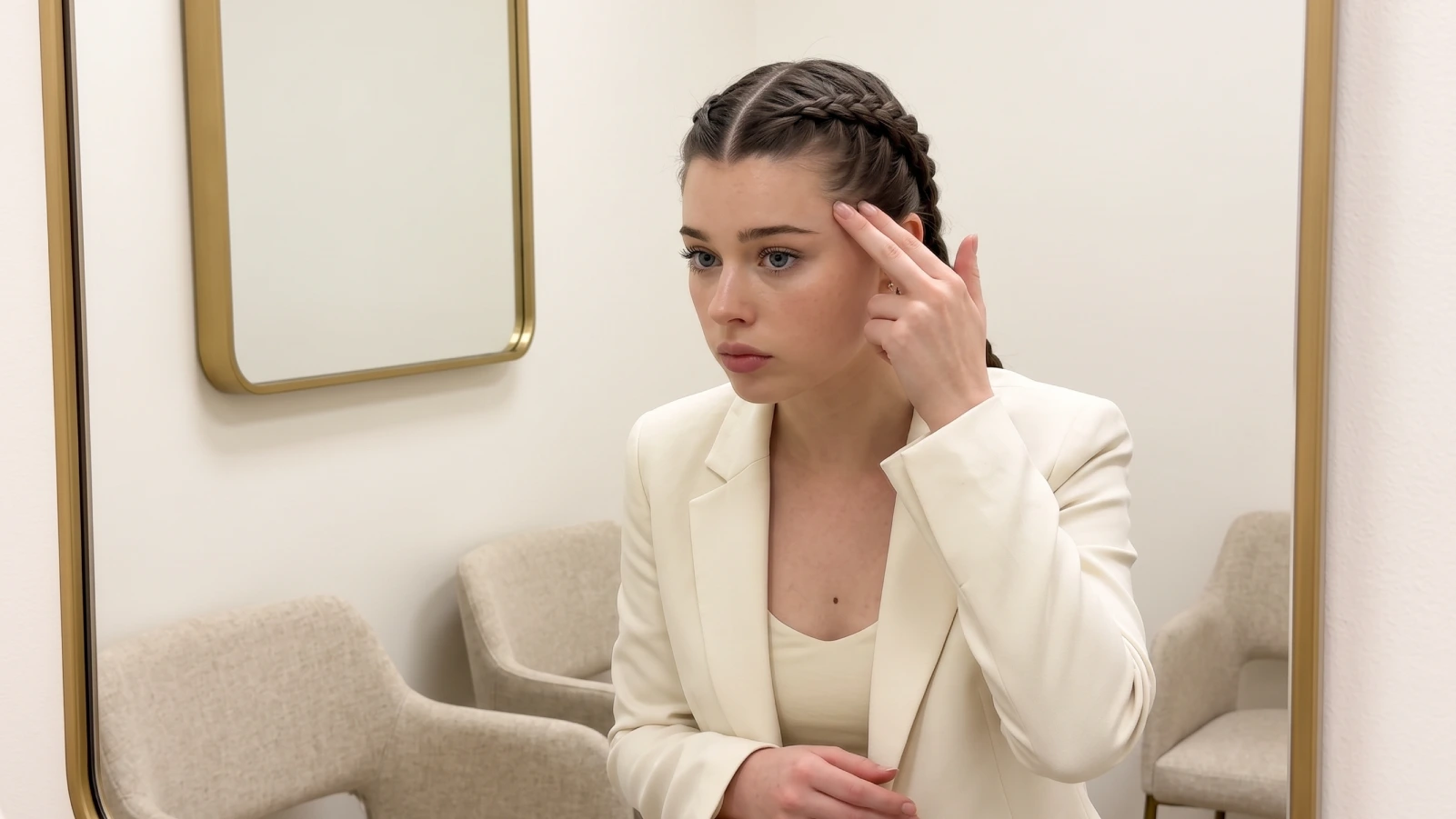 Woman checking the tension of her boxer braids at the hairline in a dermatology clinic waiting area