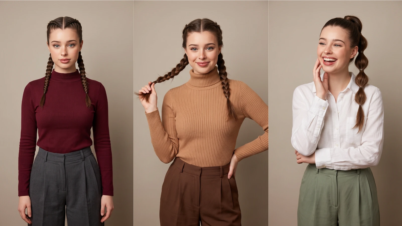 Three braided hairstyles side by side: boxer braids, Dutch pigtails, and bubble braids