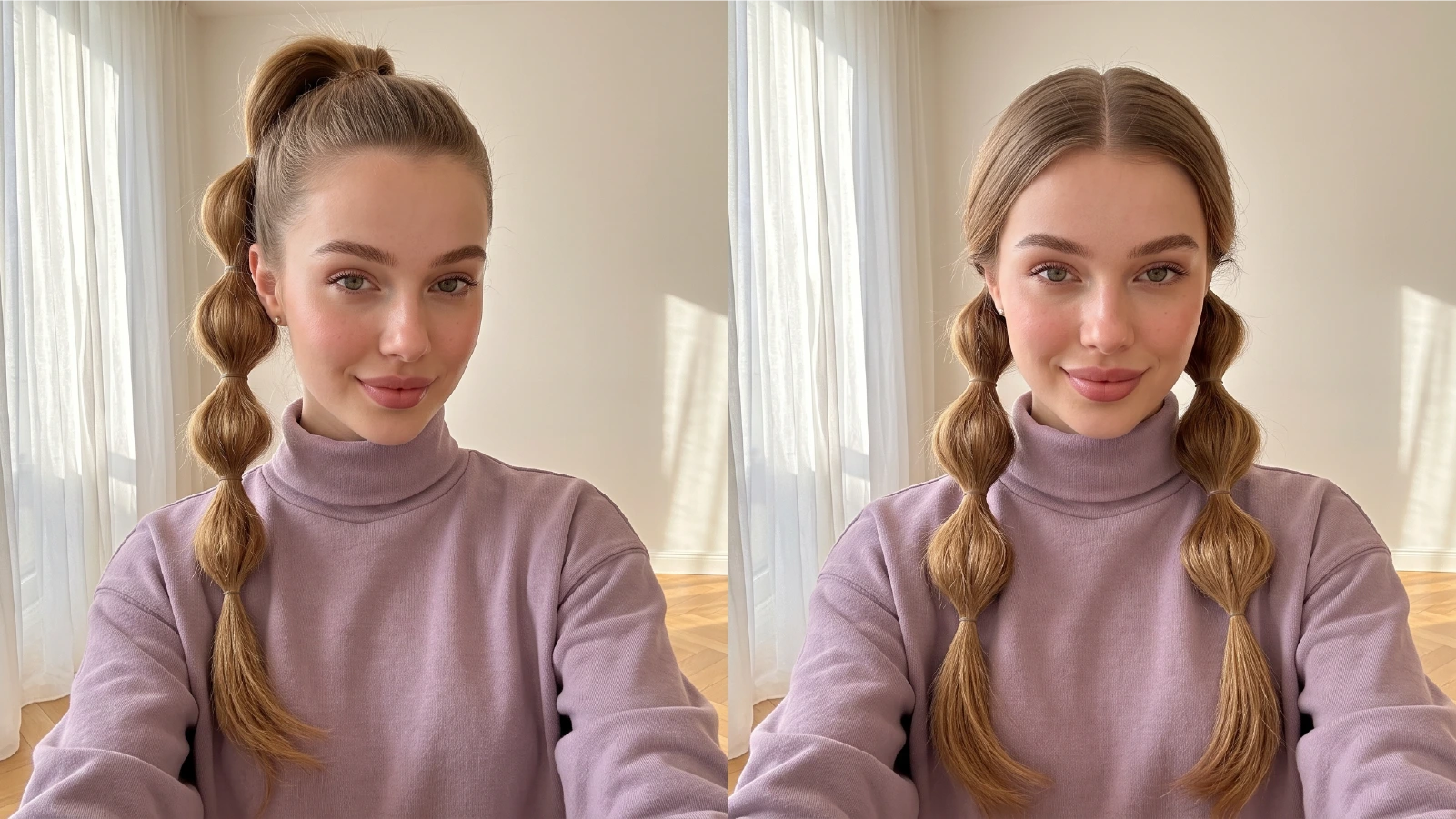 Two bubble braid variations side by side: a single high bubble pony and double bubble pigtails