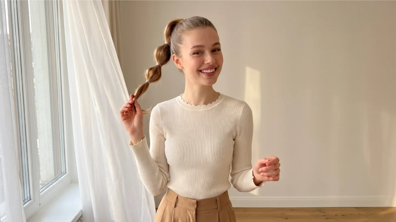 Smiling woman holding a bubble braid ponytail with evenly spaced rounded sections