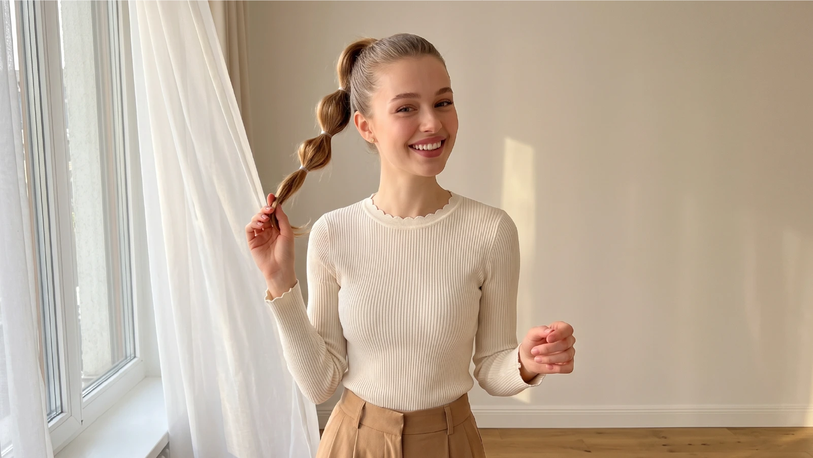 Smiling woman holding a bubble braid ponytail with evenly spaced rounded sections
