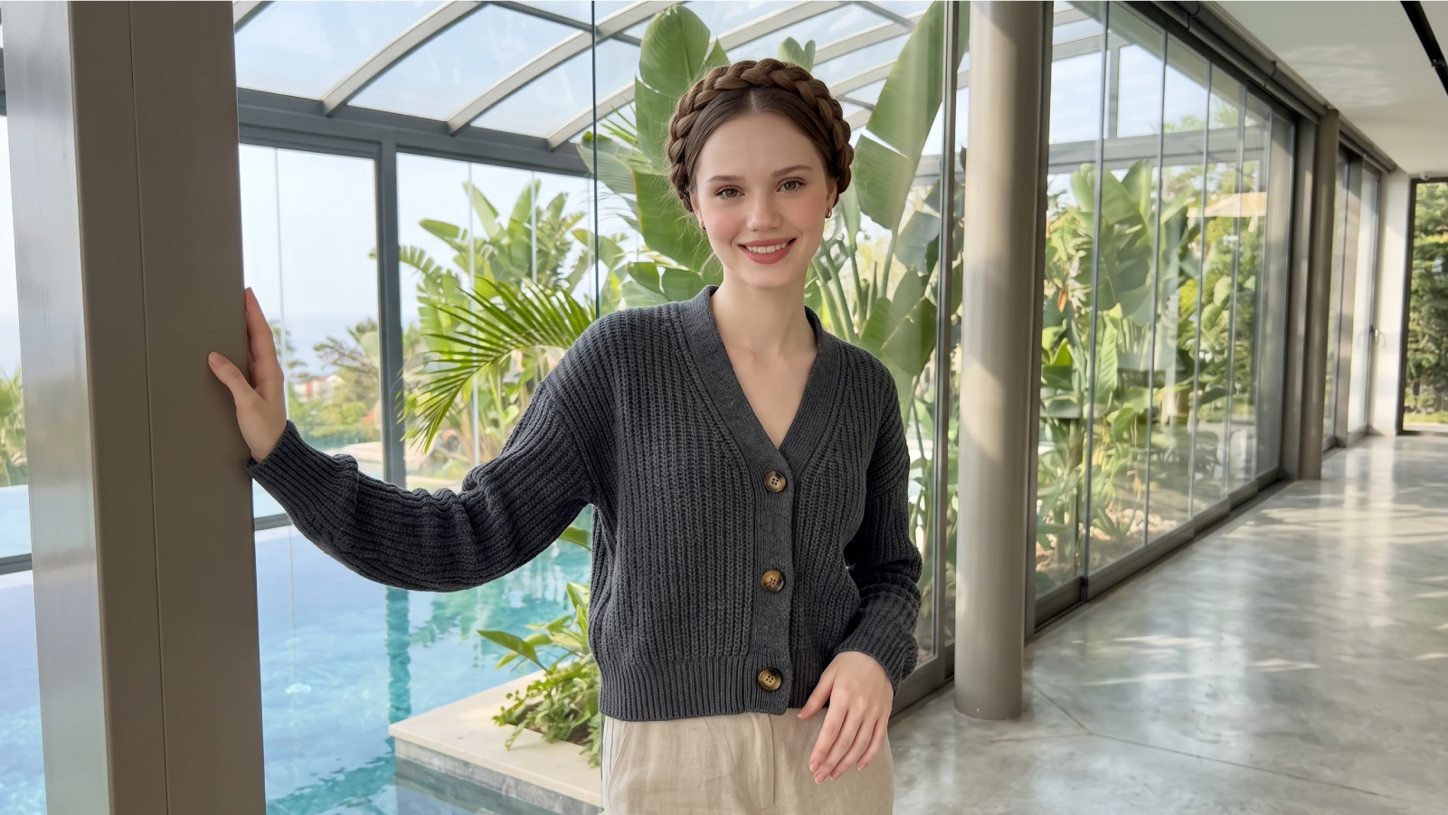Smiling woman with a thick crown braid wrapped around her head like a halo