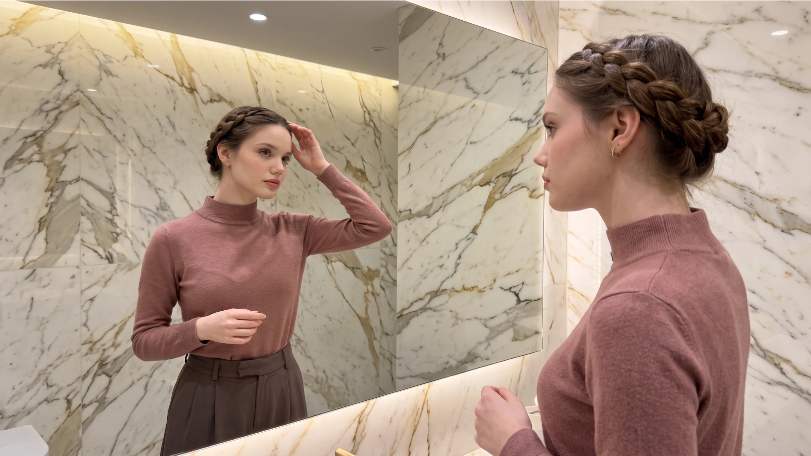 Woman checking the tension of her crown braid at the hairline in a mirror to prevent pain and slipping