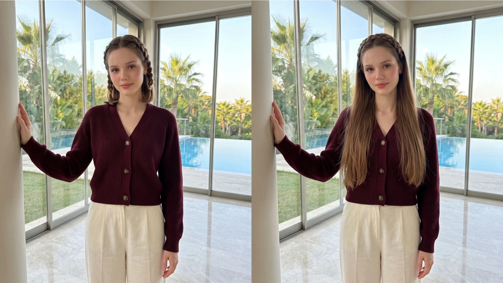 Two crown braid versions side by side: a two-braid crown on short hair and a wrapped crown on long hair