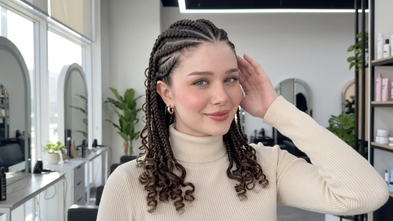 Woman with goddess braids finished with loose curly ends in a salon