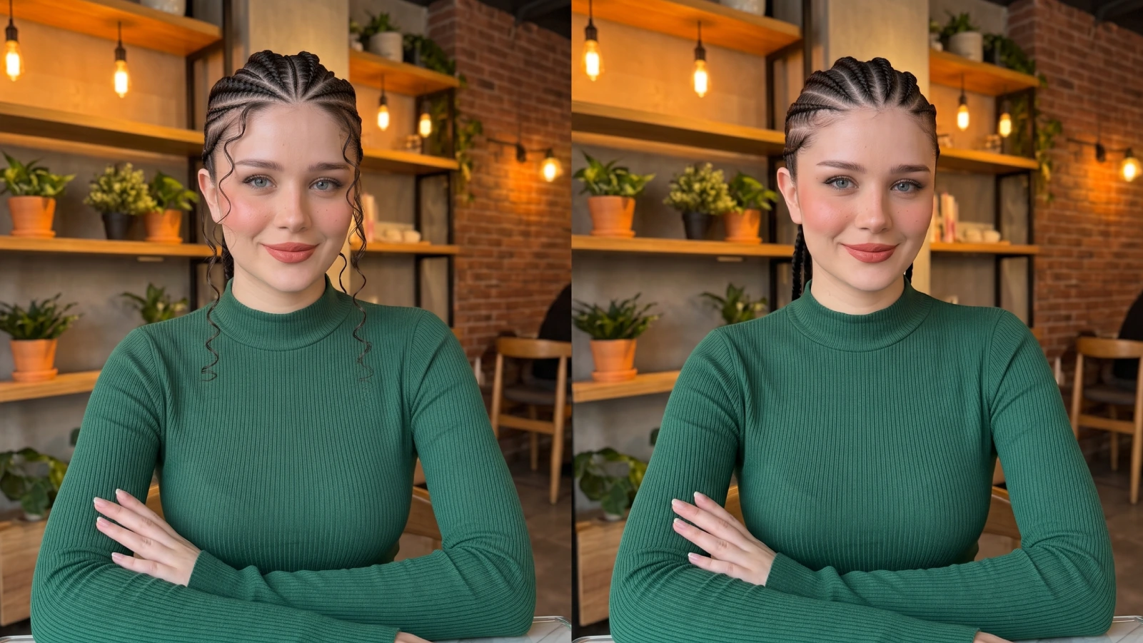 Side by side comparison of goddess braids with curly baby hairs and Ghana braids braided flat to the scalp