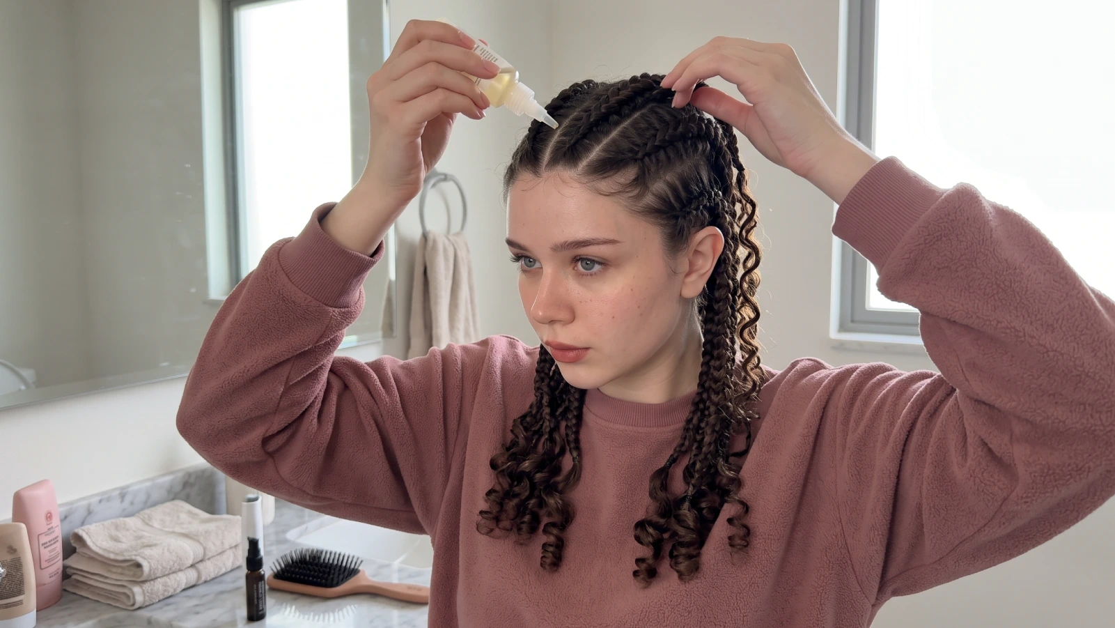 Woman applying scalp oil along the parts of her goddess braids to keep them moisturized