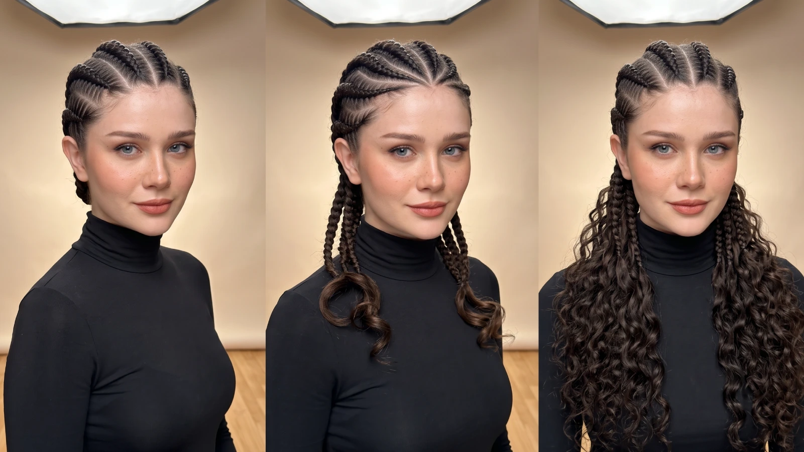 Three goddess braids variations side by side: straight-back goddess braids, curved halo braids, and goddess braids with curly ends