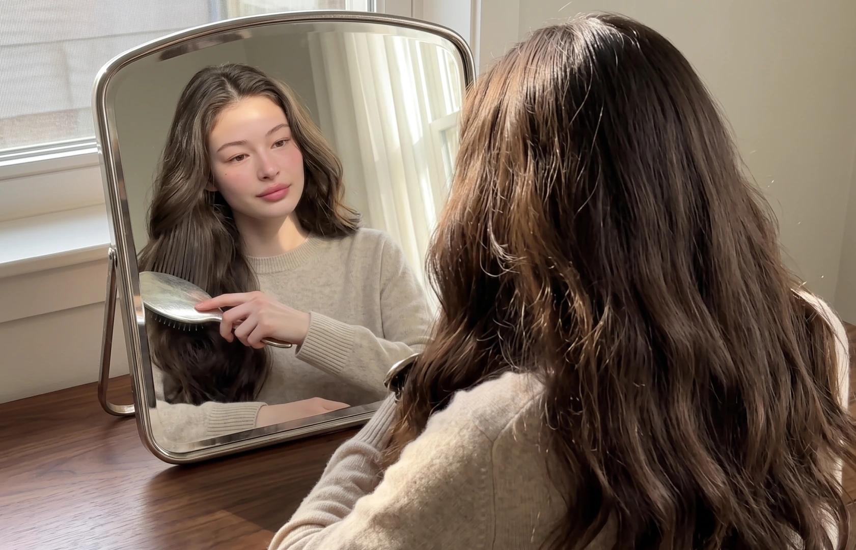 A woman studies her hair in a mirror, highlighting her hair care routine.