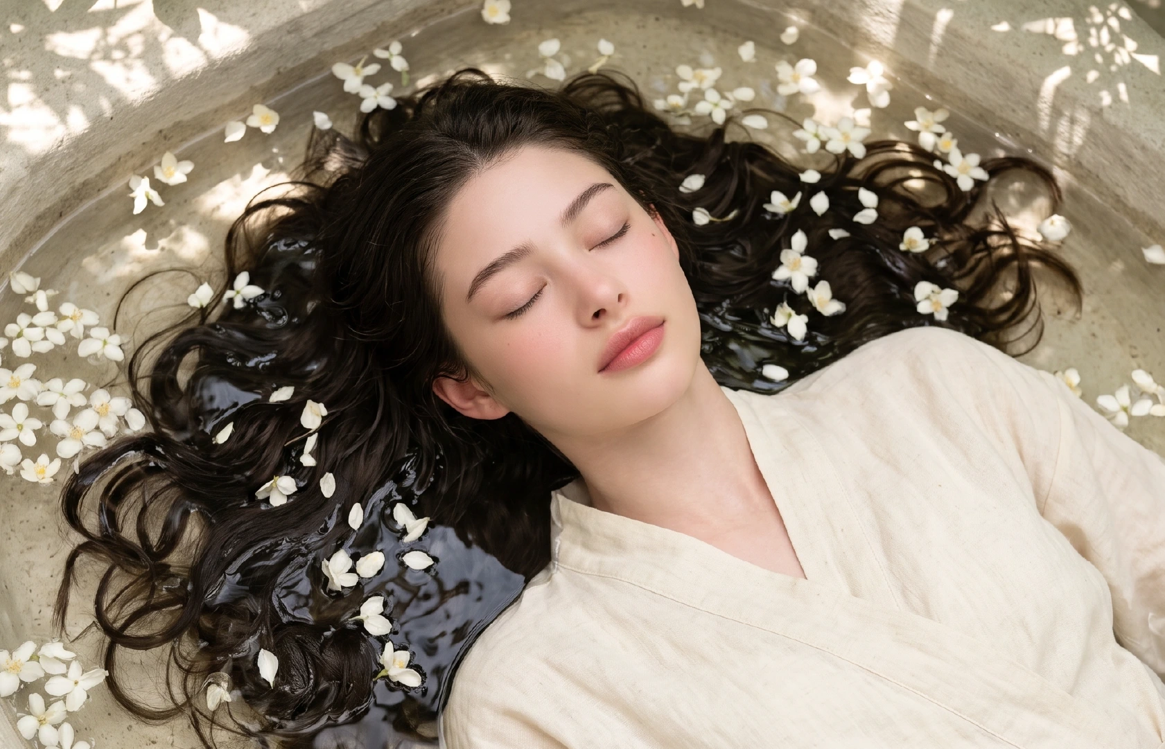 A woman in a bathtub adorned with flowers, taking time for her hair care regimen.