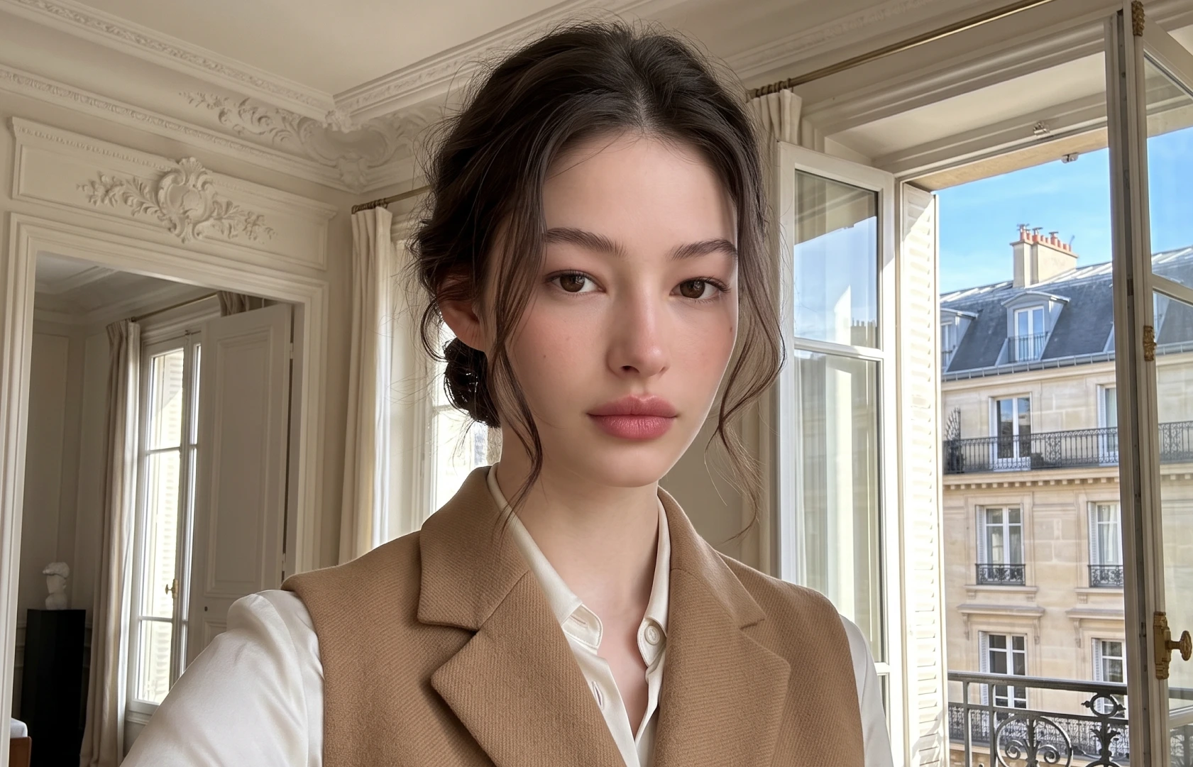 A woman in a tan vest and white shirt stands in front of a window, featuring her chic hairstyle.