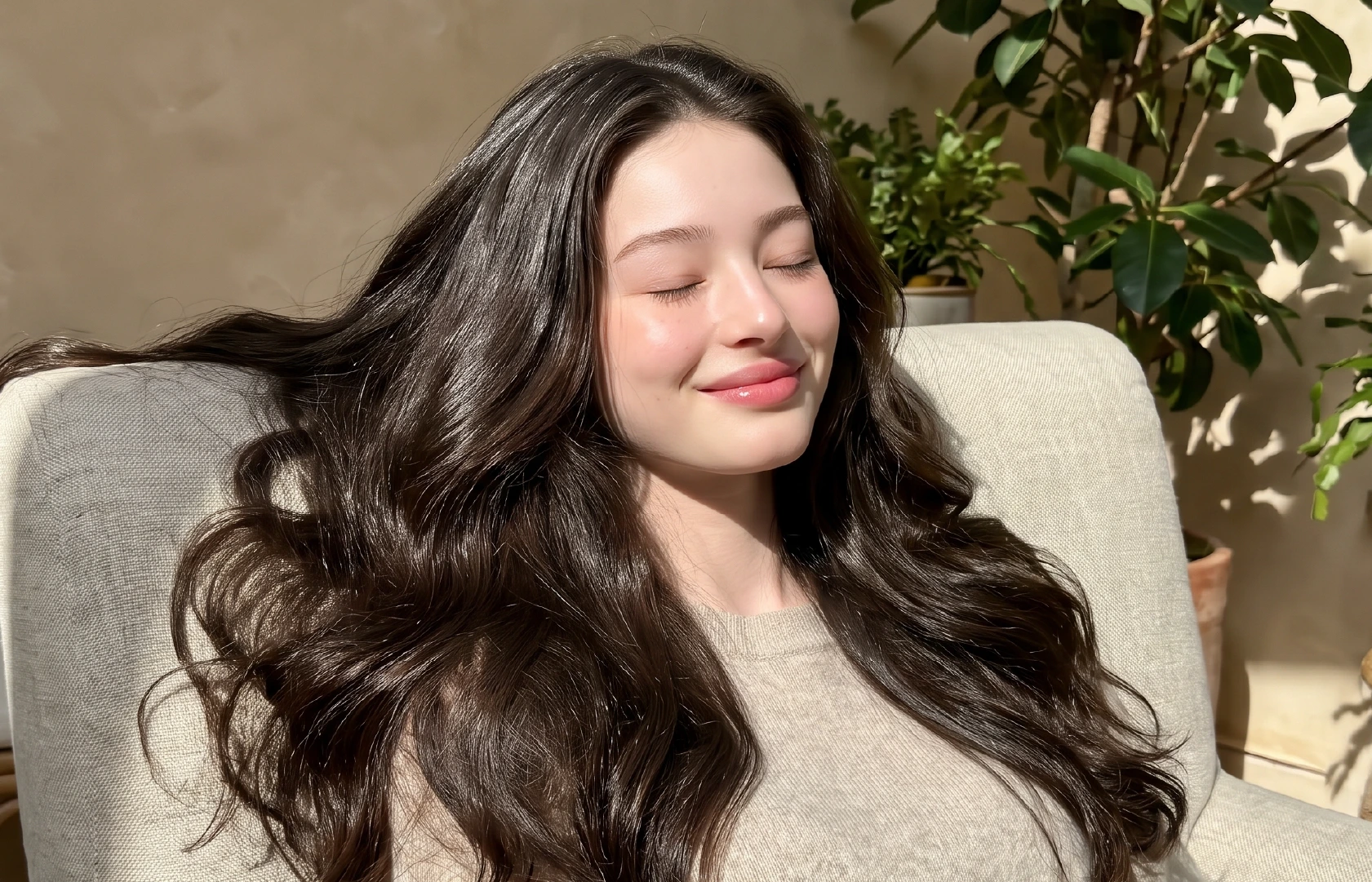 A woman with long hair sits gracefully on a chair, emphasizing her hairstyle.