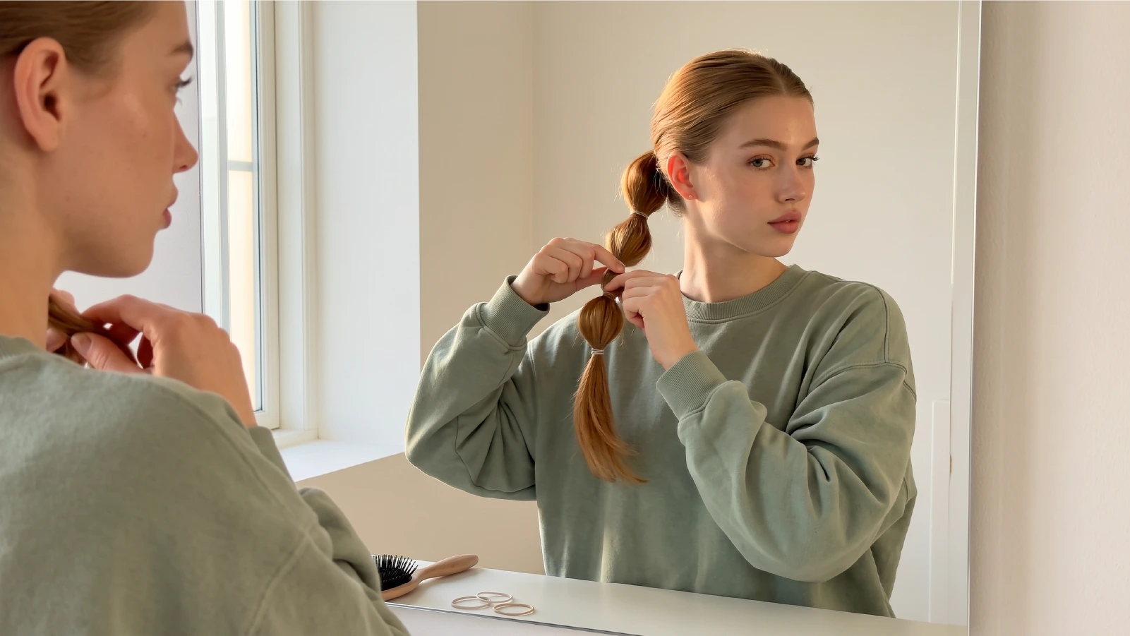 Woman doing bubble braids in the mirror by pulling each section outward to round it into a bubble