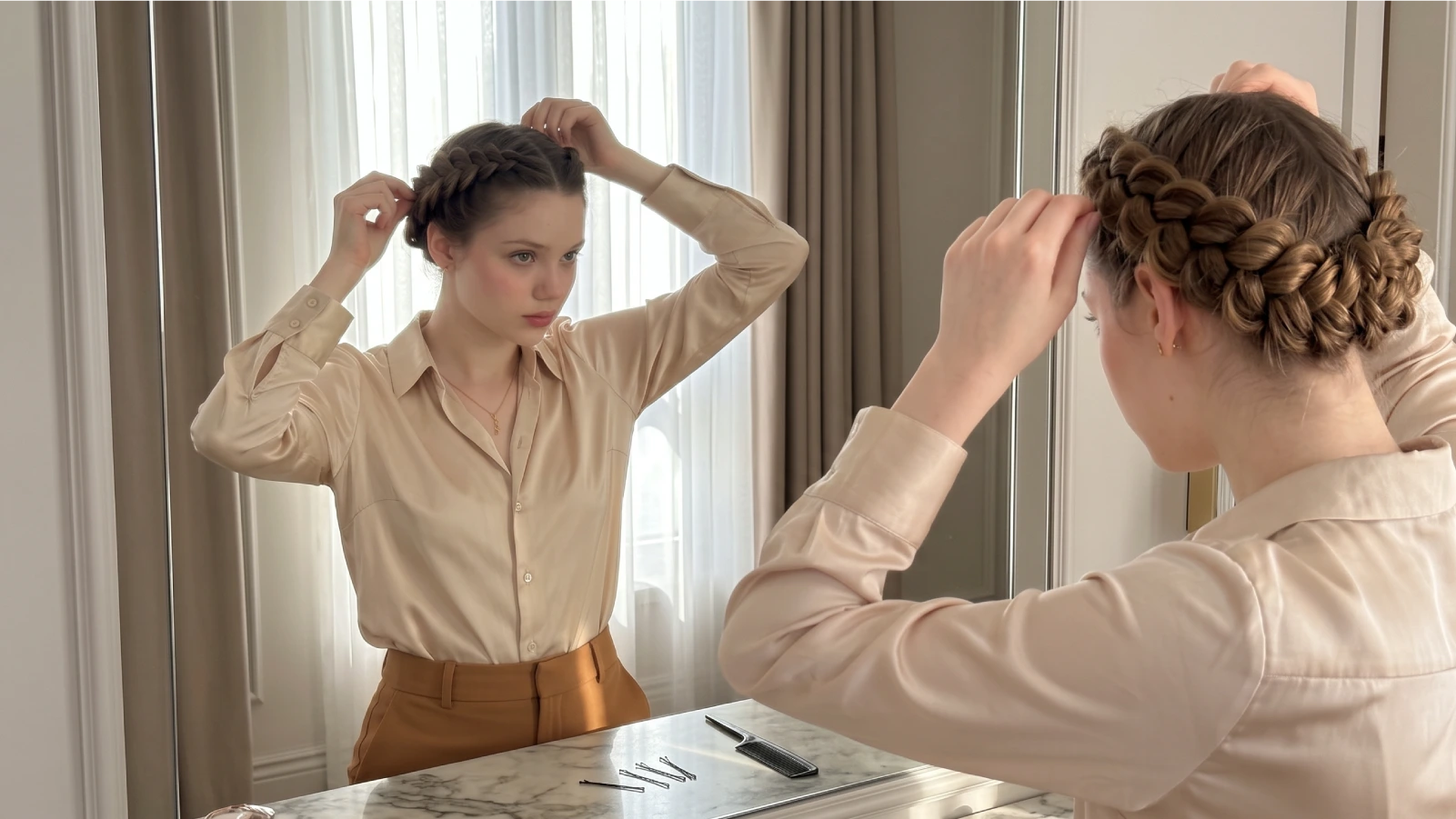 Woman pinning a crown braid across the top of her head in the mirror with bobby pins on the counter