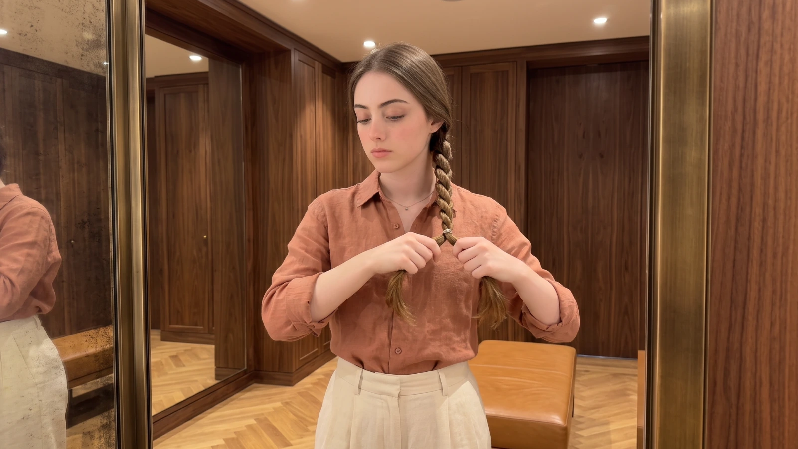 Woman twisting two hair sections in the same direction to form a rope braid