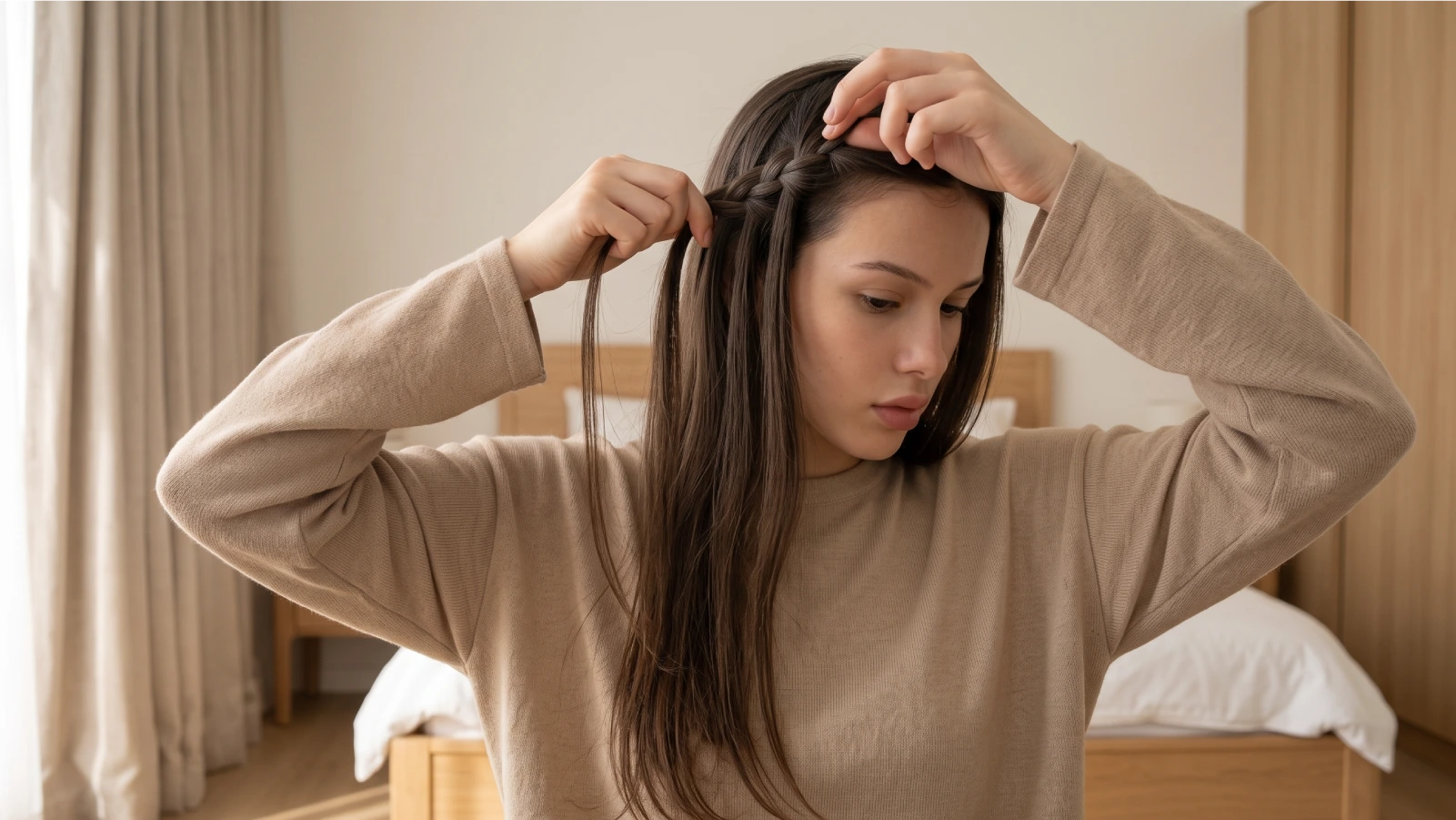 Woman dropping a strand from her waterfall braid and picking up a fresh section to replace it
