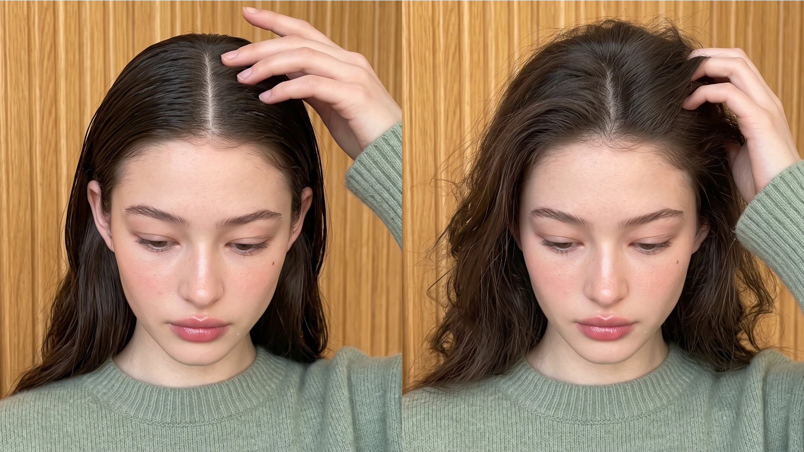 Side by side comparison of an oily, greasy scalp with flat roots and a dry, balanced scalp with volume