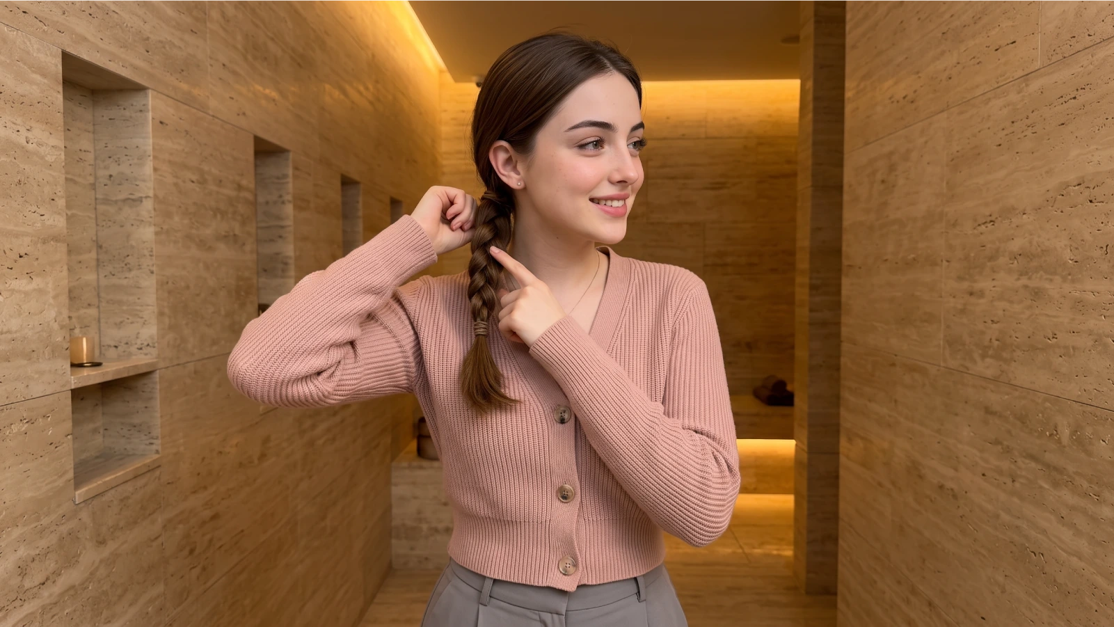 Woman holding a loose low rope braid to show gentle tension at the hairline