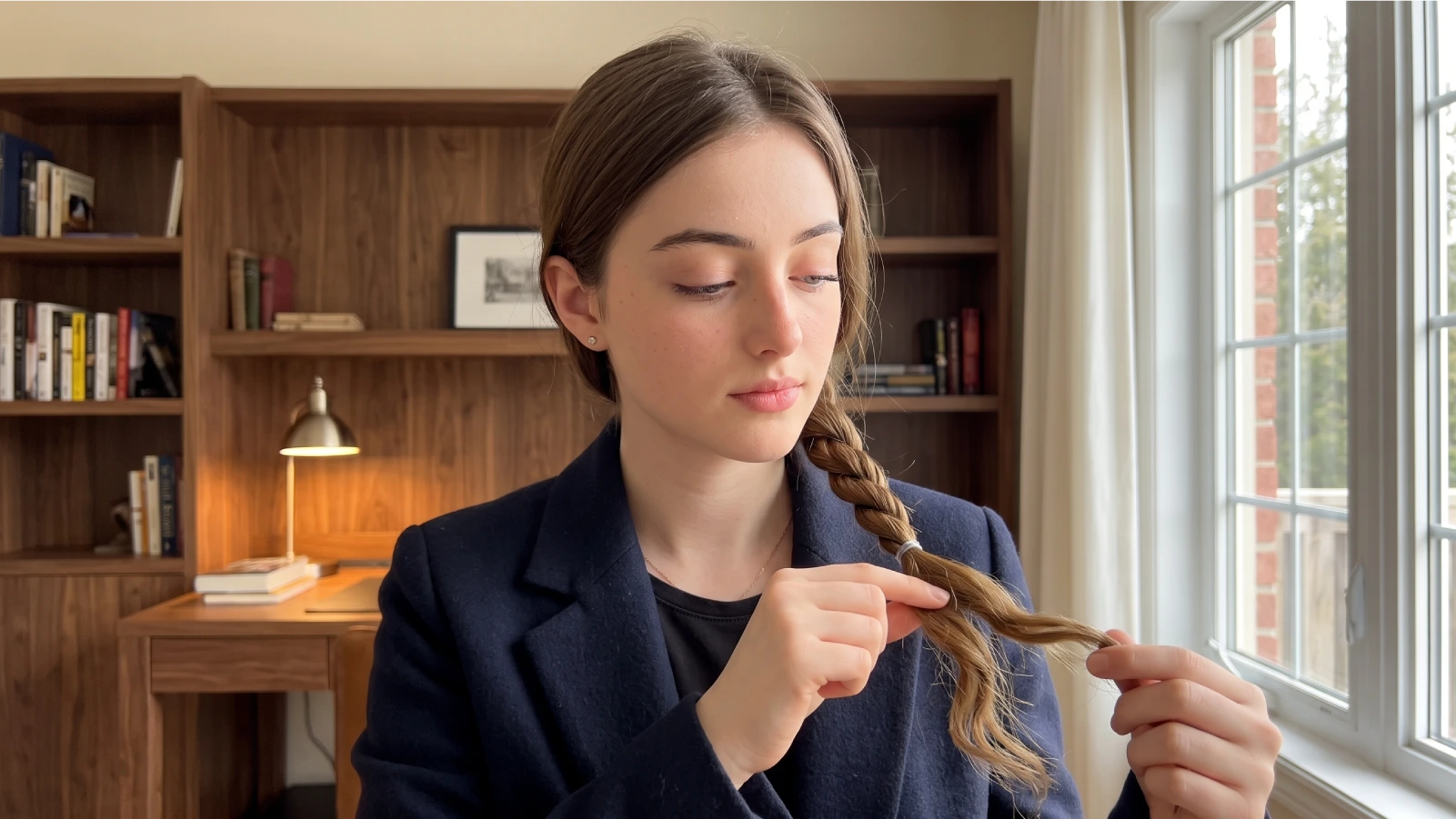 Woman inspecting the end of a rope braid that has started to unravel