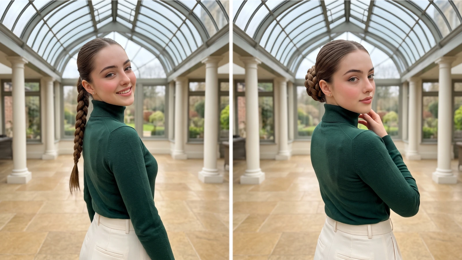 Two rope braid variations side by side: a low rope ponytail and a coiled rope bun
