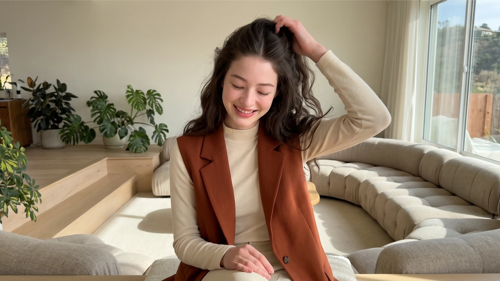 Woman gently massaging her scalp with her fingertips instead of over-treating with products