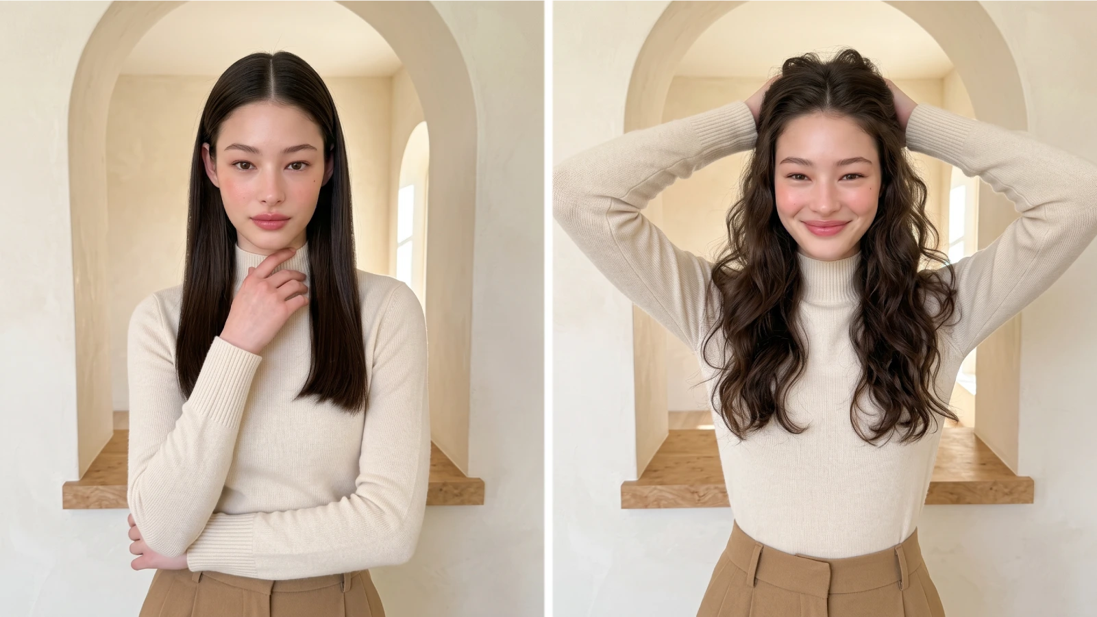 Two hair types compared for wash frequency: straight hair on the left and thick wavy hair on the right