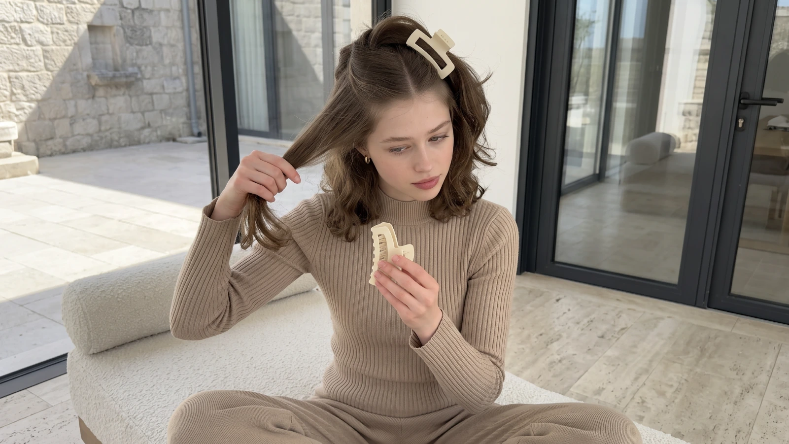 Woman sectioning her hair with claw clips to prep for a wash day