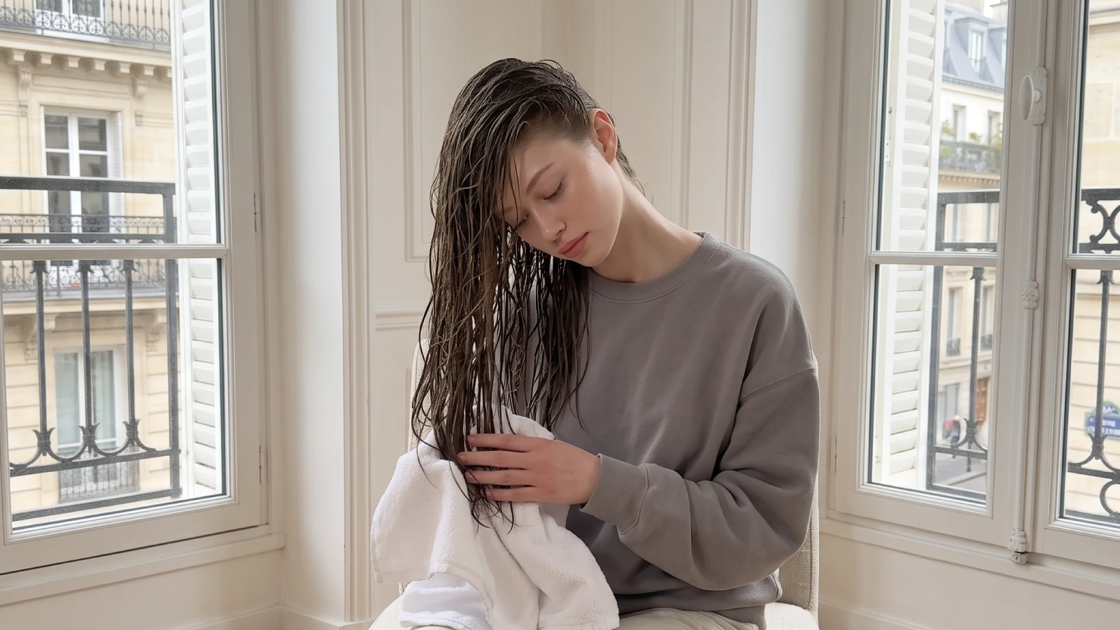 Woman gently blotting wet hair with a soft towel instead of rubbing to prevent breakage